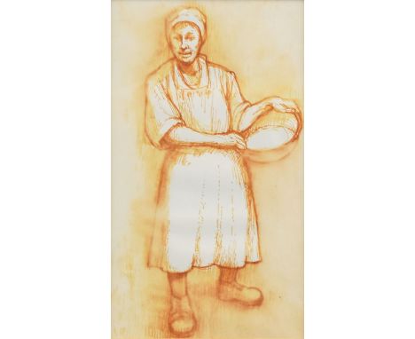 ANEURIN JONES red pen and ink - full portrait of a lady in apron with wash bowl, signed verso, 24 x 14cms