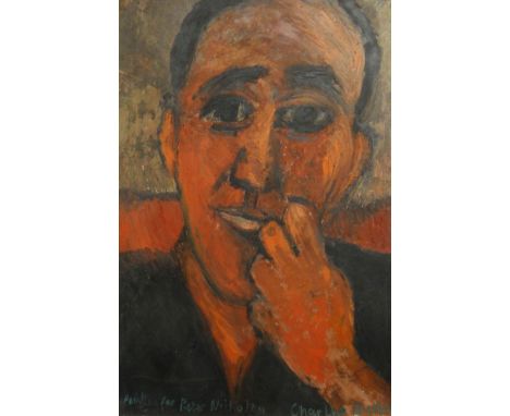 CHARLES BURTON oil on canvas - head and shoulders portrait in red, inscribed 'Painting for Peter Nicholas', signed, 92 x 61cm