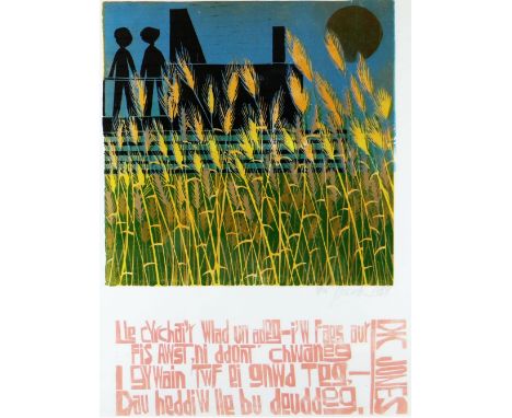 PAUL PETER PIECH limited edition (18/25) colour print - social history graphic with two figures and wheat field with poetry b