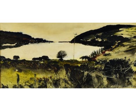 JOHN KNAPP-FISHER watercolour - landscape with body of water, entitled verso 'Rose Bush Reservoir', signed and dated 1974, 13