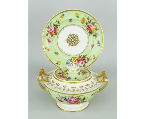 SWANSEA PORCELAIN TUREEN, COVER & STAND the domed cover with pineapple finial, the base with tapering pedestal body and spind