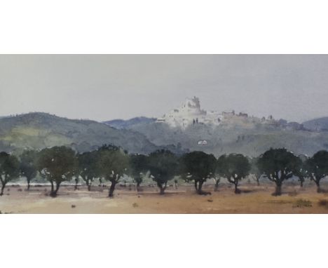 GARETH THOMAS watercolour - entitled verso on Attic Gallery label 'Le Barroux, Soft Light', signed, 19.5 x 39cms