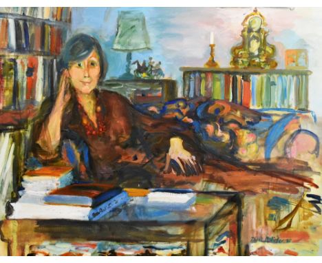 ISHBEL McWHIRTER oil on canvas - unframed interior scene, portrait of a seated lady with numerous books as a backdrop, signed