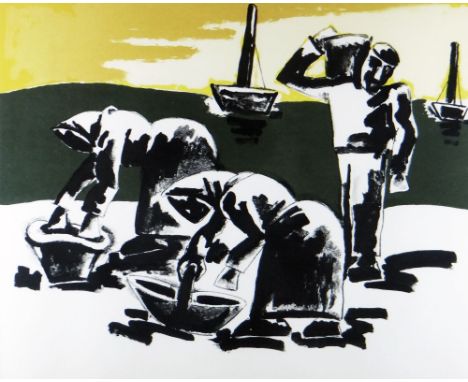 JOSEF HERMAN limited edition (104/150) lithograph - study of cockle pickers, signed in full, 49 x 64cms