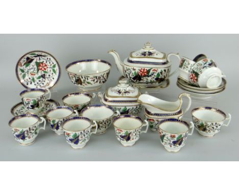 SWANSEA PORCELAIN JAPAN PATTERN TEA-SET comprising teapot and stand, sucrier, slop-bowl, cream jug, six saucers, six breakfas