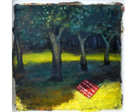 MICHAEL GUSTAVIUS PAYNE oil on board - woodland with abandoned road sign, entitled verso 'When Red Light Shows', signed with 