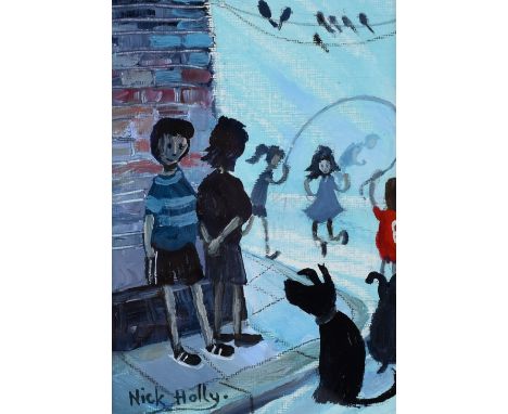 NICK HOLLY mixed media on card - children playing on street corner with sitting dog, signed, 15.5 x 11cms