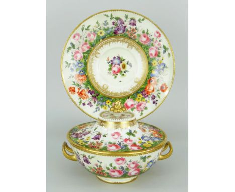 SUPERBLY DECORATED SWANSEA PORCELAIN TUREEN & COVER WITH STAND of circular form, the base with upturned gilded handles, the f