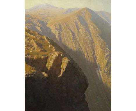DAVID WOODFORD oil on canvas - dramatic contrast of light and shadow on Snowdonia peaks, signed and entitled on Martin Tinney