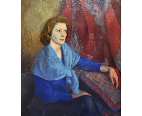 COLIN JONES oil on board - unframed portrait of a lady in blue dress, 84 x 73cms Auctioneer's Note: see p.405/6 The Dictionar