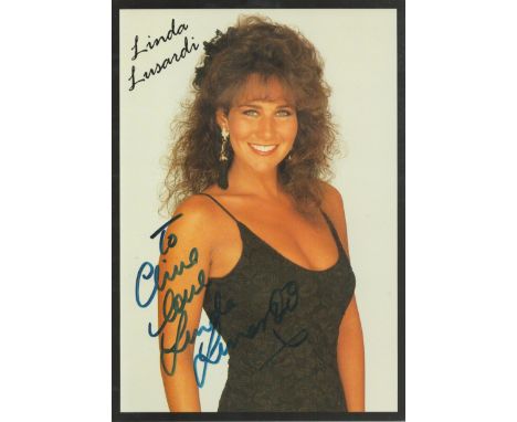 Linda Lusardi signed colour picture. An English model and actress. Dedicated. Approx. 8 x 6 Inch. Good condition. All autogra