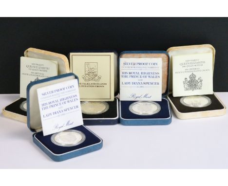 A collection of five Royal Mint United Kingdom silver proof crown coins to include the 'Charles &amp; Diana' and 'Queen Mothe
