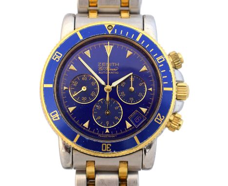 A stainless steel and gold Zenith El Primero Rainbow Automatic watch, cal. 400Z, the signed blue dial with baton hour markers