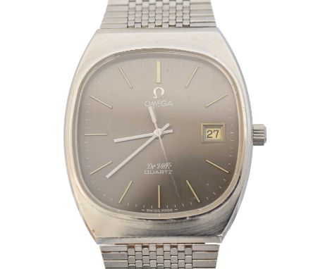 A stainless steel Omega De Ville quartz wristwatch, cal. 1342, the signed cushion shape dial with baton hour markers and date