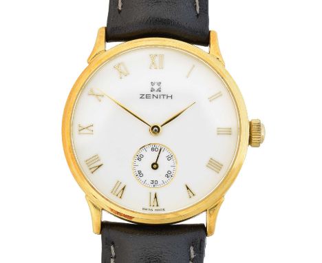 An 18ct gold Zenith watch, cal. 2541, the white signed dial with roman numeral markers and subsidiary seconds dial to 6, exhi