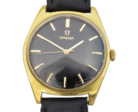An Omega wristwatch, cal 600, the circular black signed dial with baton hour markers, 17 jewel signed movement, numbered 1797