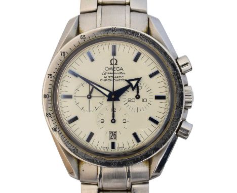A stainless steel Omega Speedmaster ‘Broad Arrow’ Automatic Chronometer wristwatch, cal. 3303, the signed white dial with bat