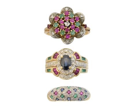 Three gem-set dress rings, to include two 9ct gold diamond, emerald, sapphire and ruby dress rings, together with an emerald,