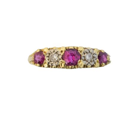 An 18ct gold ruby and diamond five stone ring, the circular shape ruby and brilliant cut diamond line with tapered shoulders,