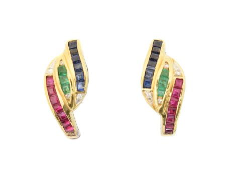 A pair of vari-gem earrings, each designed as a square shape ruby, emerald and sapphire line with vari cut diamond accents, s