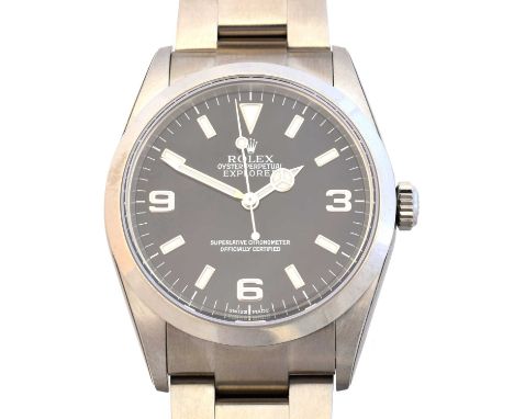 A stainless steel Rolex Oyster Perpetual Explorer watch, circa 2004, the black signed dial with luminous baton and Arabic hou
