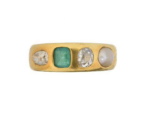 A late Victorian vari-gem band ring, the oval and pear old cut diamond, rectangular shape emerald and split pearl line inset 