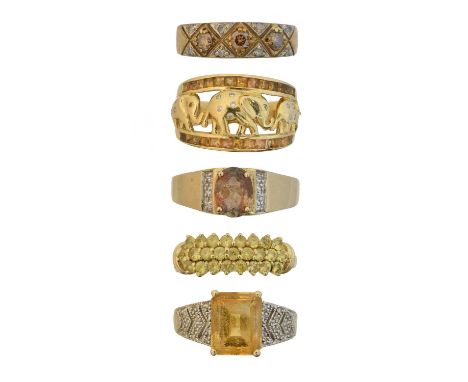 Five 9ct gold gem set rings, to include a colour treated 'brown' diamond band ring, a citrine and diamond dress ring, and thr