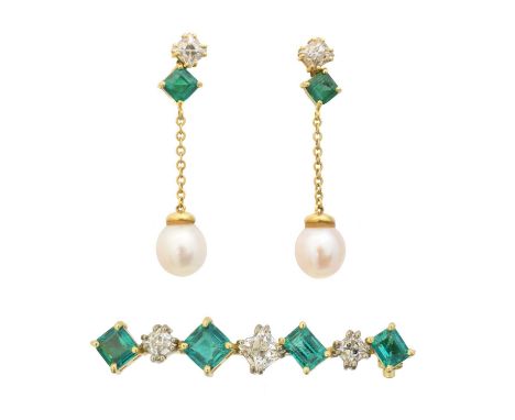 A set of emerald and diamond jewellery, to include a bar brooch set with rectangular shape emeralds and cushion cut diamonds,