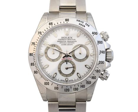 A stainless steel Rolex Oyster Perpetual Cosmograph Daytona wristwatch, circa 2004, the circular signed white dial with baton