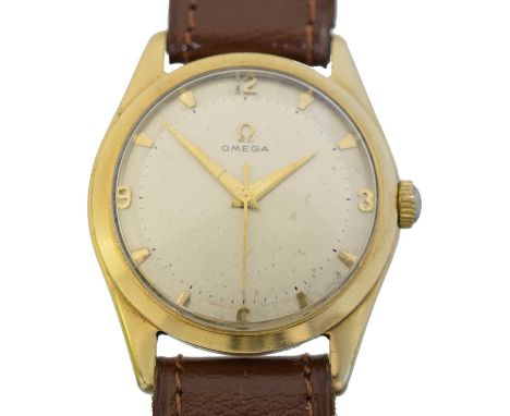 A 1950s 9ct gold Omega wristwatch, cal. 420, the signed cream dial with arabic and baton hour marker and outer minutes track,