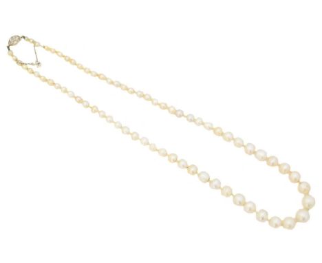 A pearl and diamond necklace, the graduated saltwater natural pearl strand with marquise cut diamond clasp, diamond weight es