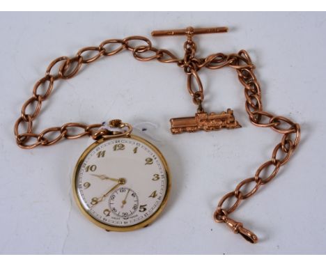 A 9ct gold Albert chain, approx 40g, 37cm long, stamped 375 to chain, T-bar and link, together with a Swiss made rolled gold 