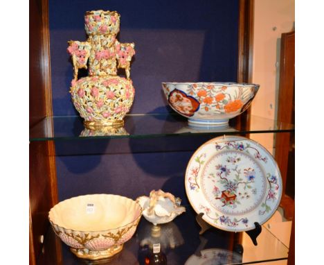 A mixed lot of porcelain and pottery, comprising Coalport bowl, Imari bowl, Royal Worcester Plate, Zolnay Pecs style vase etc