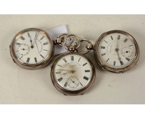 Three Victorian silver open faced pocket watches, by WE Watts - Nottingham 'The Empire', John Forrest - London, and another b
