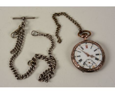 A Continental silver open faced pocket watch, the white enamel dial with Roman numerals and subsidiary seconds dial (glass la