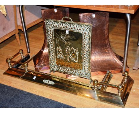A quantity of copper and brass fire accessories, comprising of two fenders, firescreen and two canopy's (5)