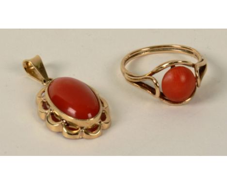 A 14ct gold gold and coral ring, 2.4g, ring size K, together with a similar yellow metal coral pendant, 2.3g (2)