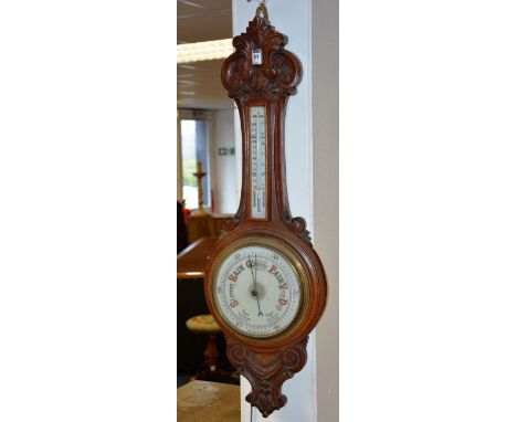 A Victorian oak banjo android barometer, with thermometer dial, 91cm high