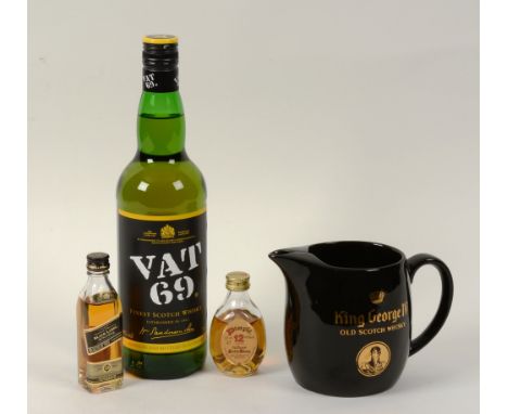 A Vat 69 Finest Scotch Whisky, 40% vol, 70cl, together with nine assorted whisky miniatures alongside whisky ceramic jugs, gl