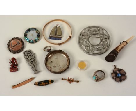 A small quantity of silver and white metal jewellery, including brooches, rolled gold bangle, silver pocket watch case and a 