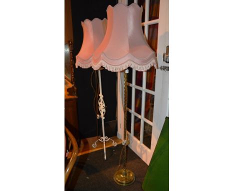 A brass floor lamp with shade, 167cm high, with a painted floor lamp and shade, 167cm high (2)