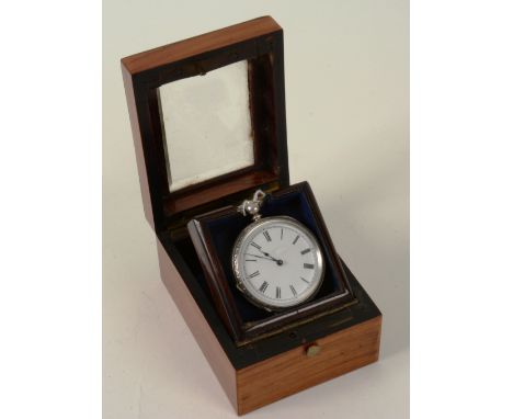 A silver open faced fob watch, the white enamel dial with Roman numerals, in fitted wooden box