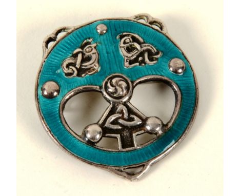 A silver and turquoise enamel Alexander Ritchie Iona brooch, of circular Celtic design, stamped 'AR Iona' to verso, 3.7cm dia