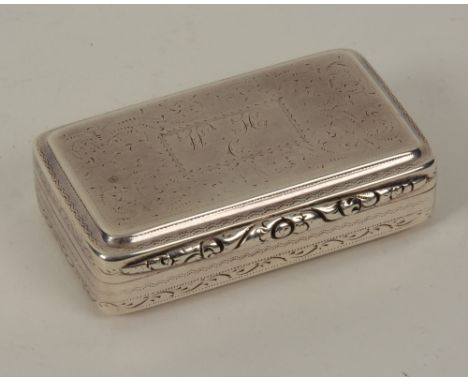 A William IV silver snuff box, Edinburgh 1830 Cross & Carruthers, of rectangular form, with etched floral decoration, monogra