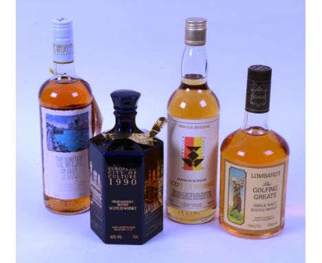 A Lombard 'The Golfing Greats' Single Malt Scotch Whisky, 75cl, 43% vol, tubed, together with a Glasgow European City of Cult