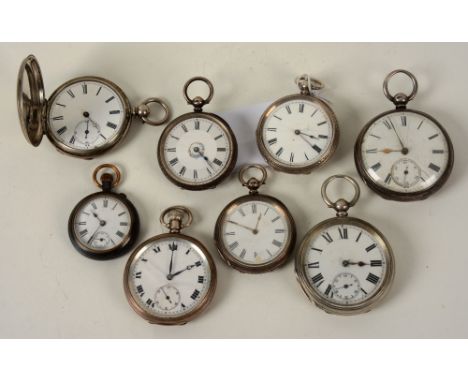 Three Victorian silver open faced fob watches, all with white enamel dials, together with five assorted silver and other pock