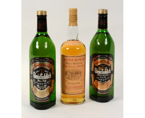 Two bottles of Glenfiddich Special Reserve Single Malt Scotch Whisky, 1l, 43% vol, tubed, together with a Glenmorangie Single