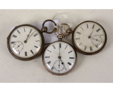 Three Victorian silver open faced pocket watches, all with white enamel dials and subsidiary seconds dials (3)