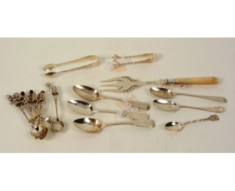 A mixed lot of Regency and later silver flatware, including mainly spoons, together with a silver fork, and a set of six Cont