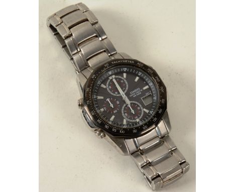 A Casio Wave Captor WR 100m gents wristwatch, with three subsidiary dials, on flexible bracket strap